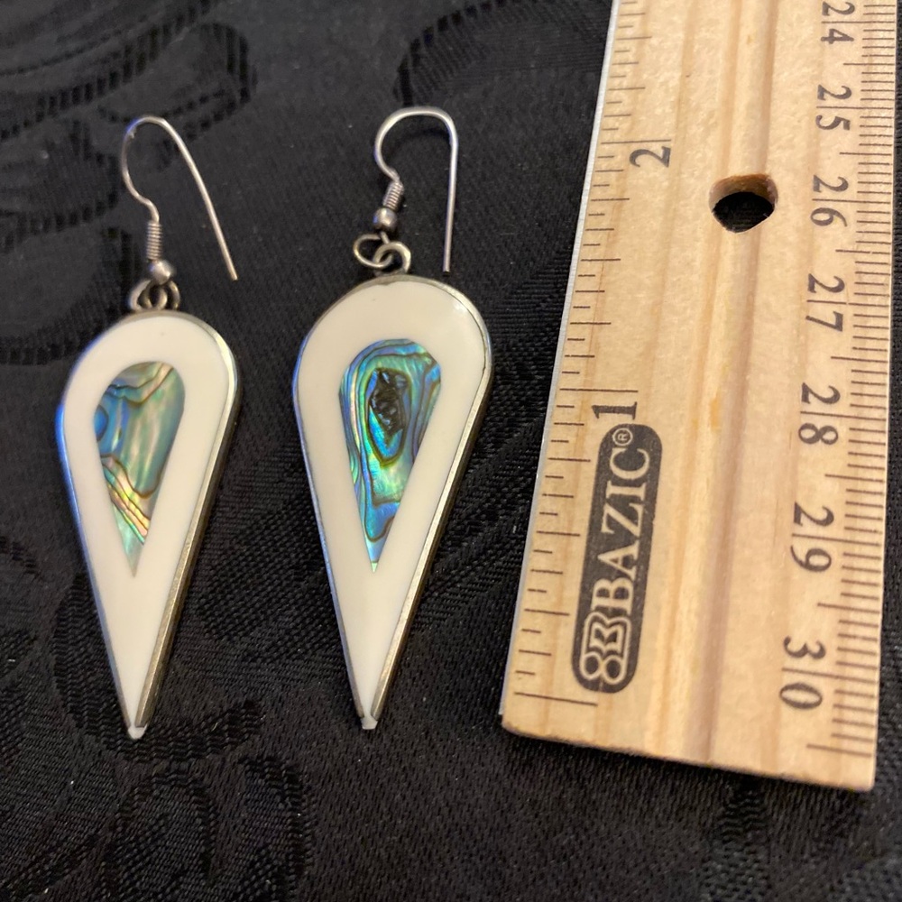 White Enamel Earrings With Abalone Inlay Stamped Mexico, Alpaca